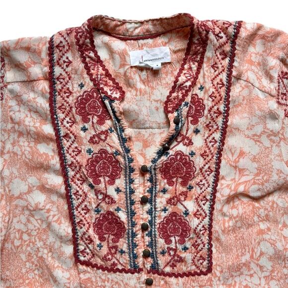 Anthropologie Claudia Embroidered babydoll tunic peach size medium boho casual - Picture 3 of 9